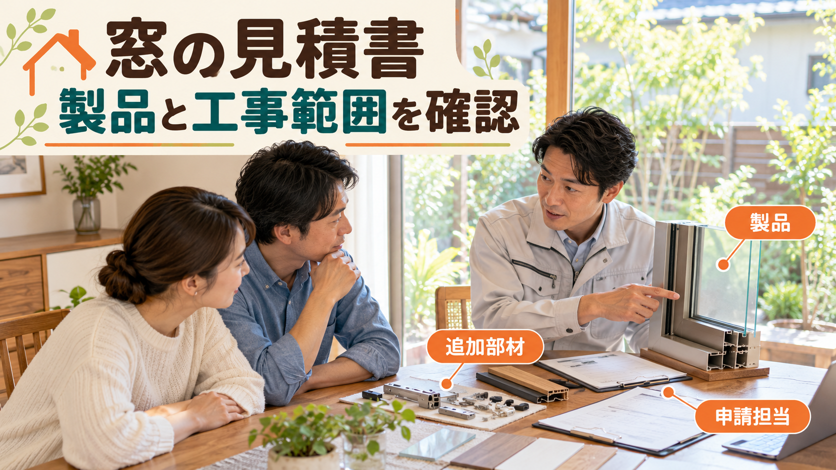 窓ごとの製品と追加部材と制度条件を見積書で確認する様子