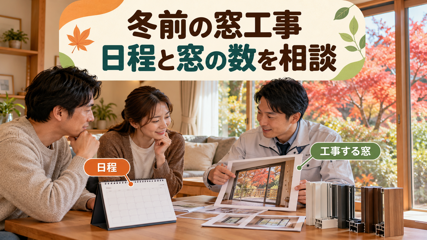 冬前の工事日程と工事する窓の数を担当者に相談する様子