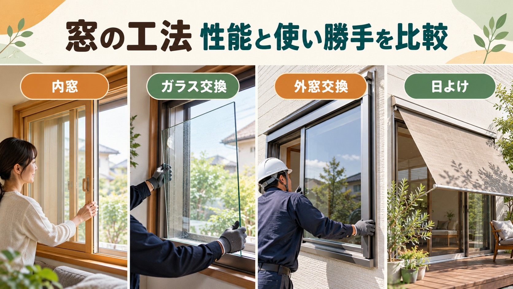 内窓とガラス交換と外窓交換と日よけの特徴を比較する資料