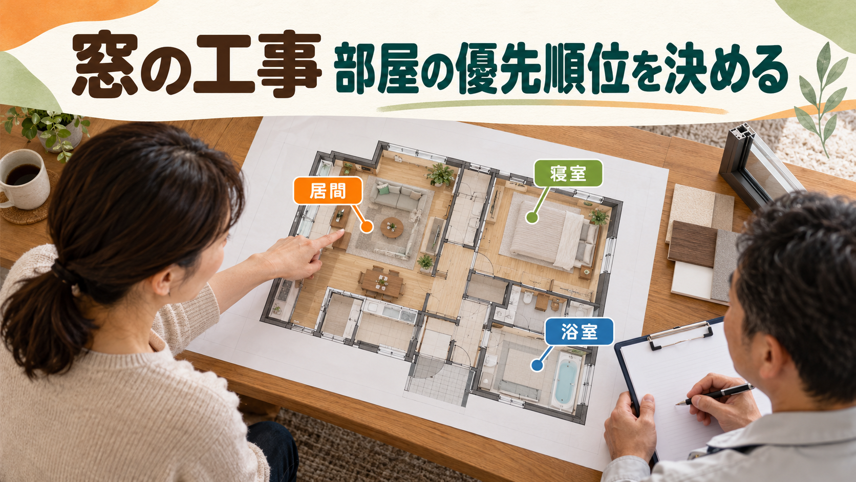 間取り図で居間と寝室の窓に優先順位をつける様子