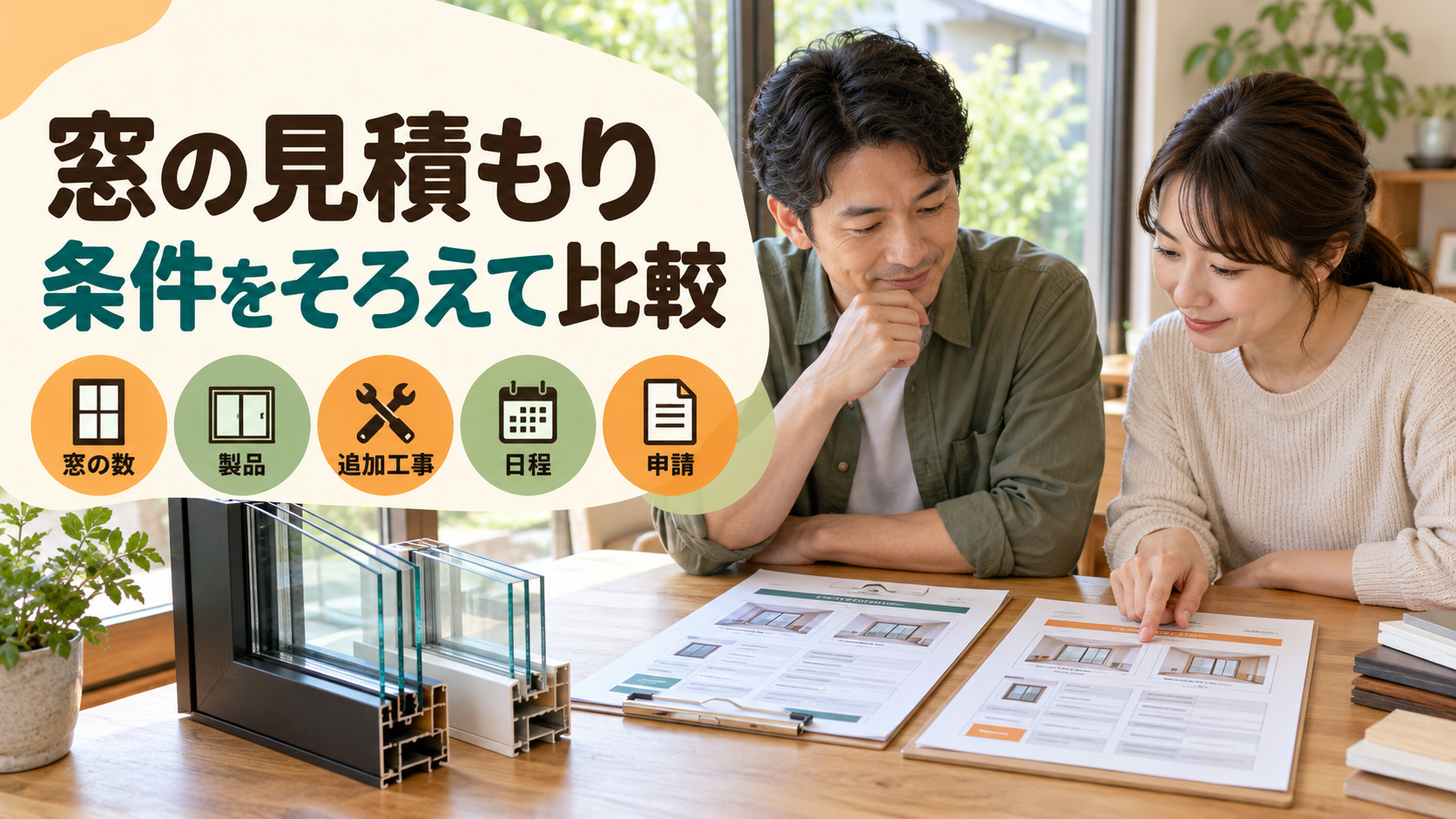 製品仕様や工事範囲を見積書で照合する住宅所有者と担当者