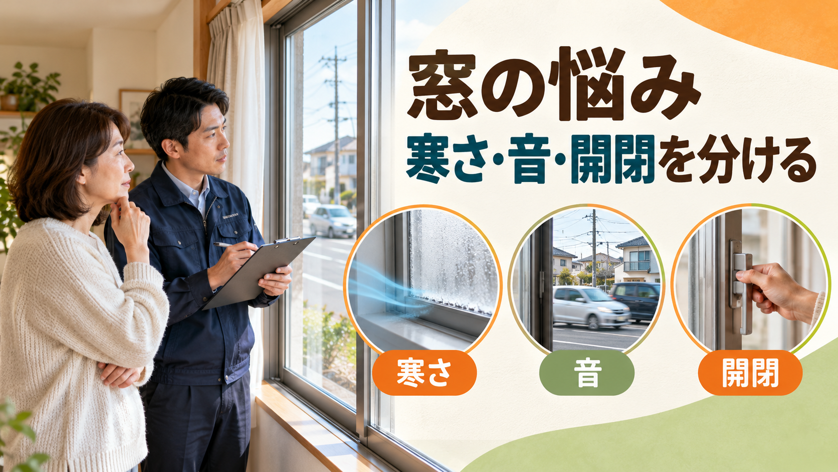 窓際の寒さと道路の音と窓の開閉を分けて相談する様子