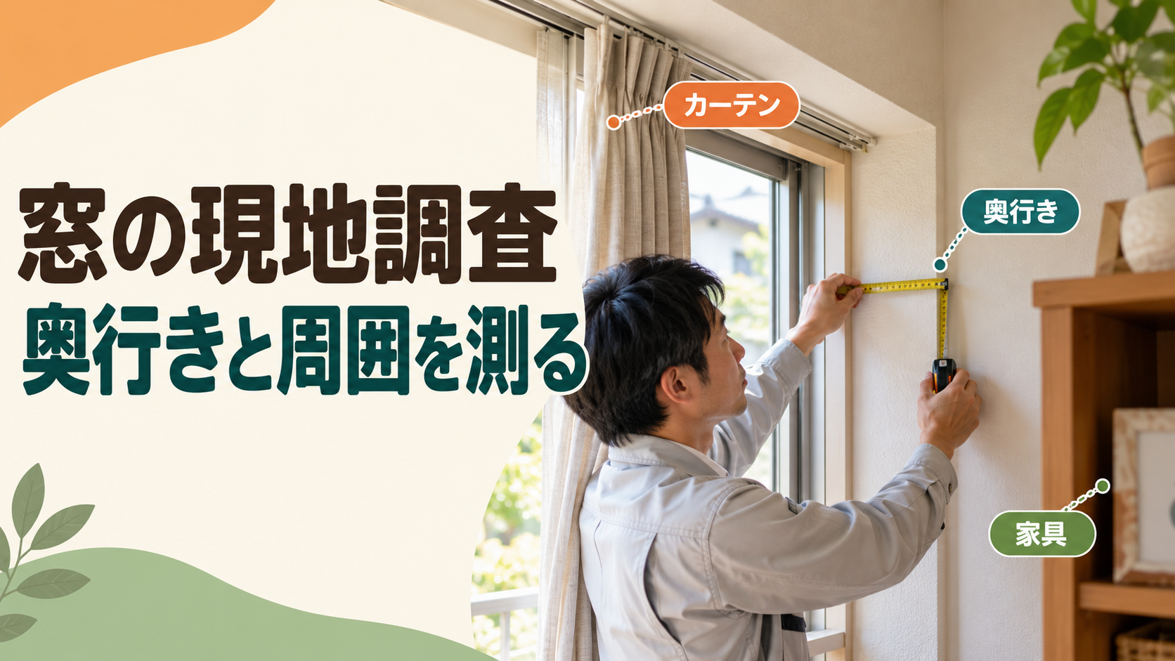 窓の奥行きとカーテンや家具との距離を現地で測る様子