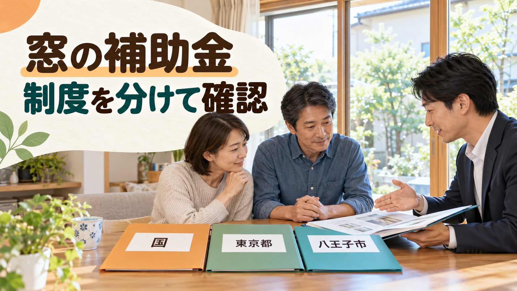 窓リフォームの相談で国と東京都と八王子市の制度を分けて確認する様子