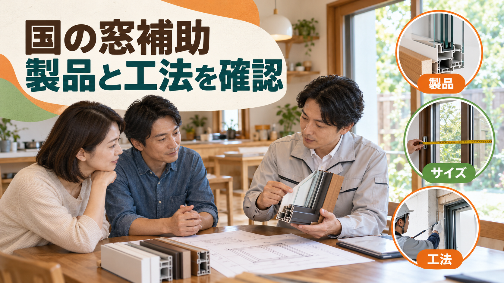 窓の製品資料と採寸図を使って国の補助対象を確認する相談風景