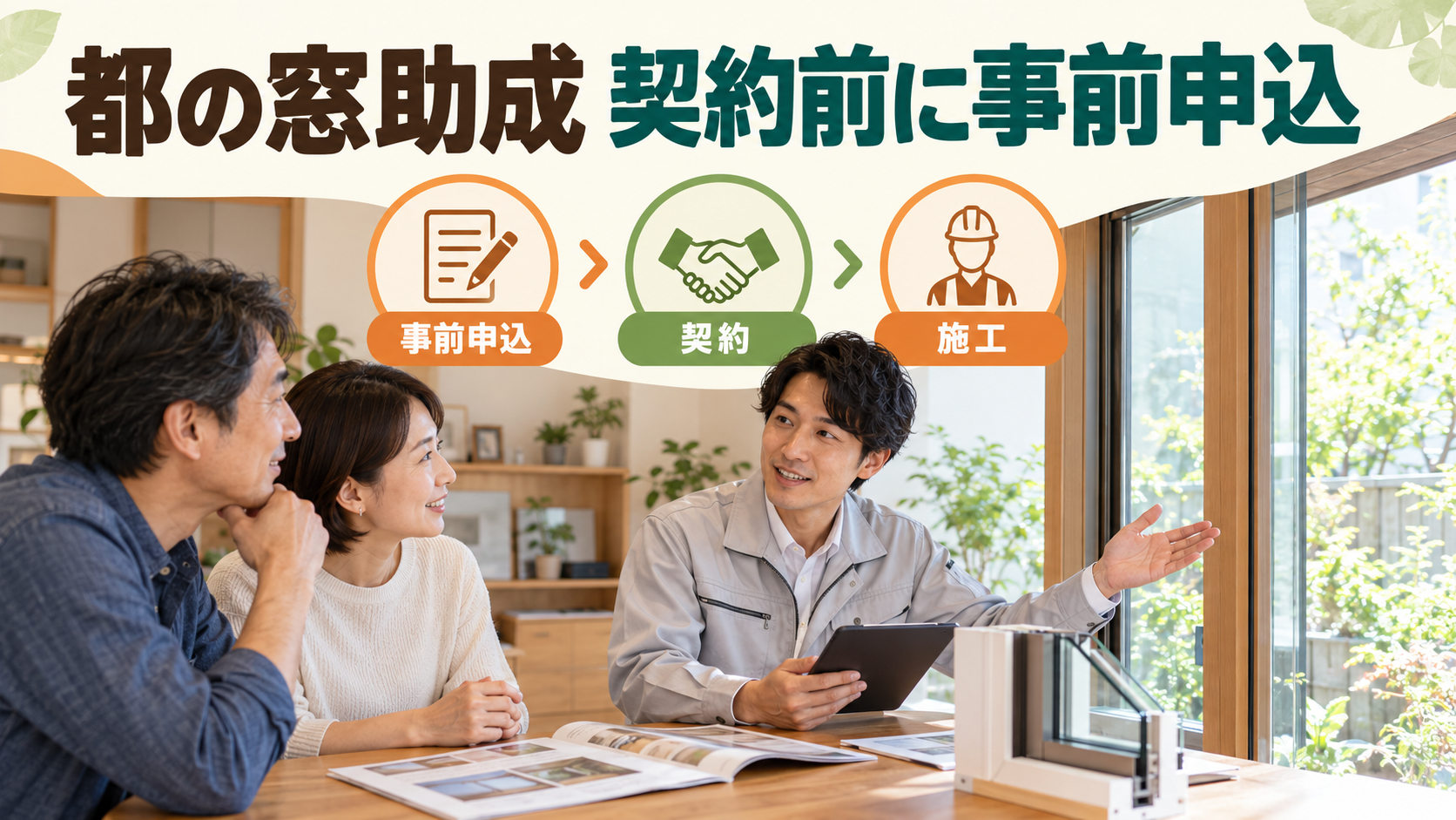 事前申込から契約施工へ進む順番を資料で確認する様子