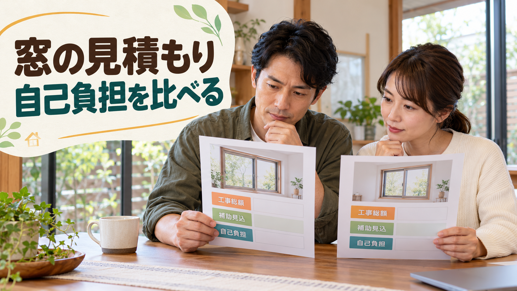 工事総額と補助見込額と自己負担を分けた見積書を確認する夫婦