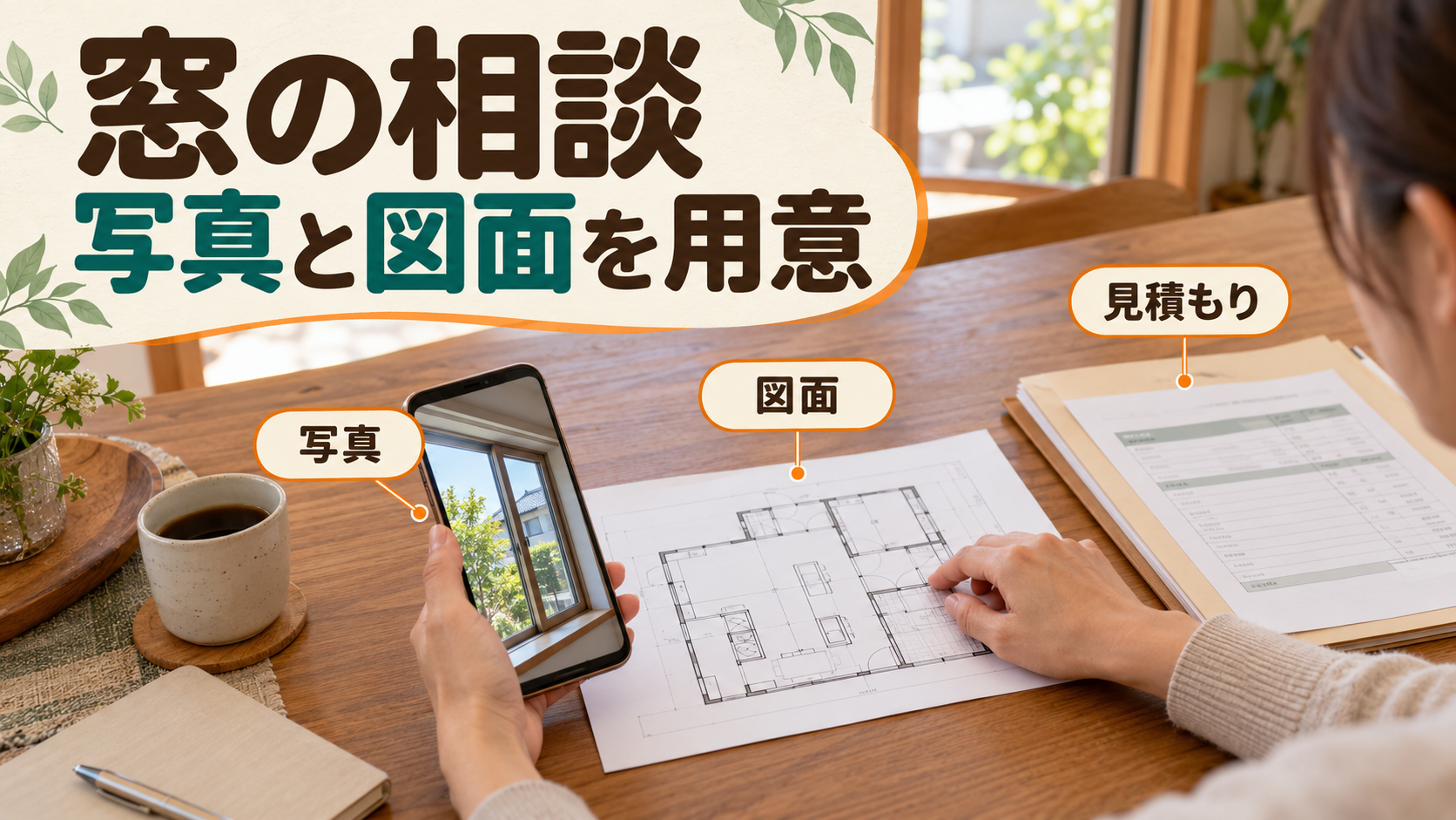 窓の写真と図面と工事見積もりを相談前にそろえる様子