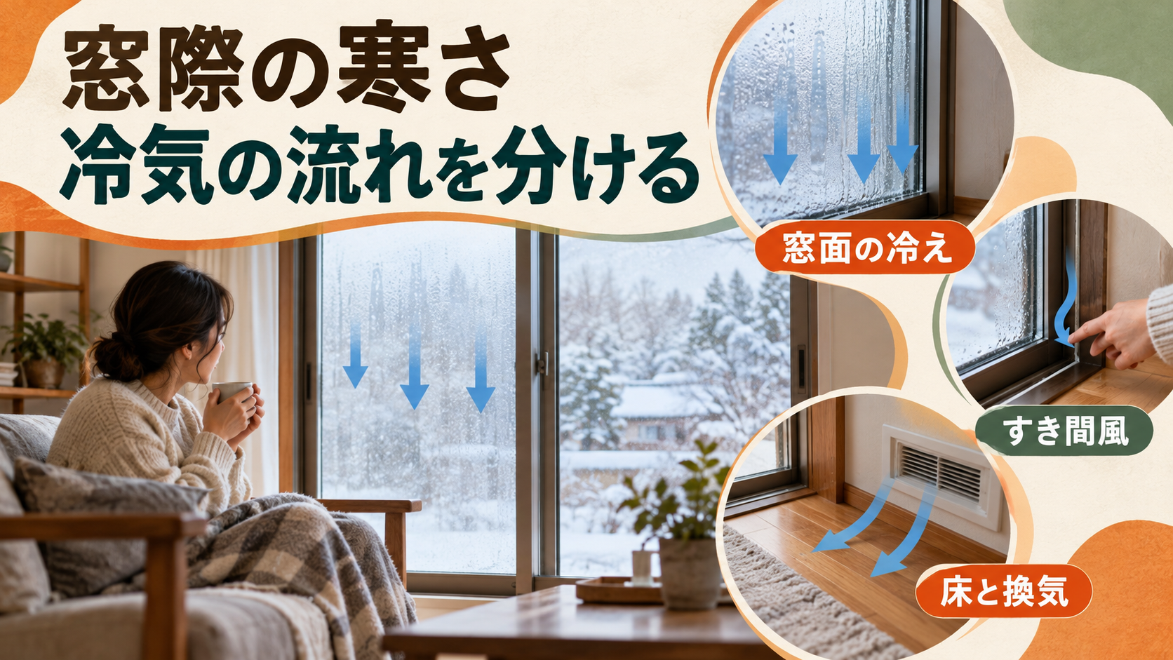 窓面で冷えた空気とすき間風、床や換気の冷えを分けて確認するイメージ