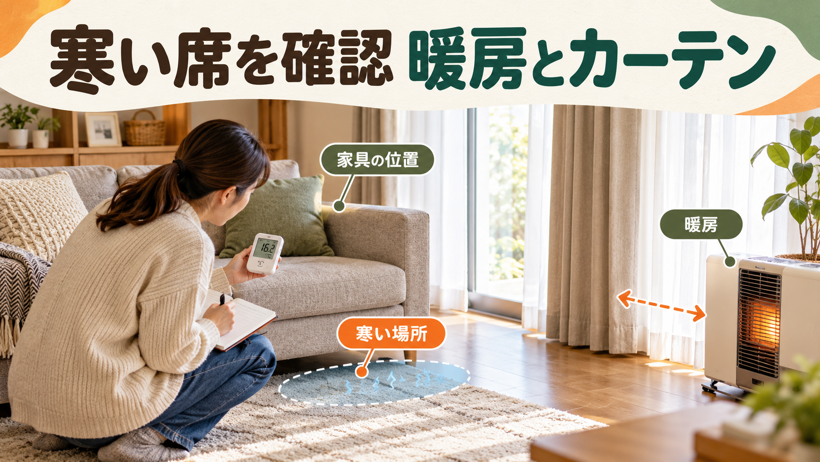窓際の寒い場所と暖房、カーテンや家具の位置を確認するイメージ