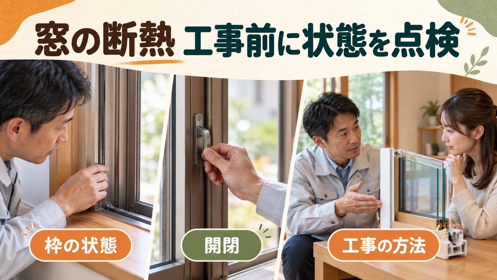 既存窓の枠と開閉状態を見て内窓や窓交換を比較するイメージ