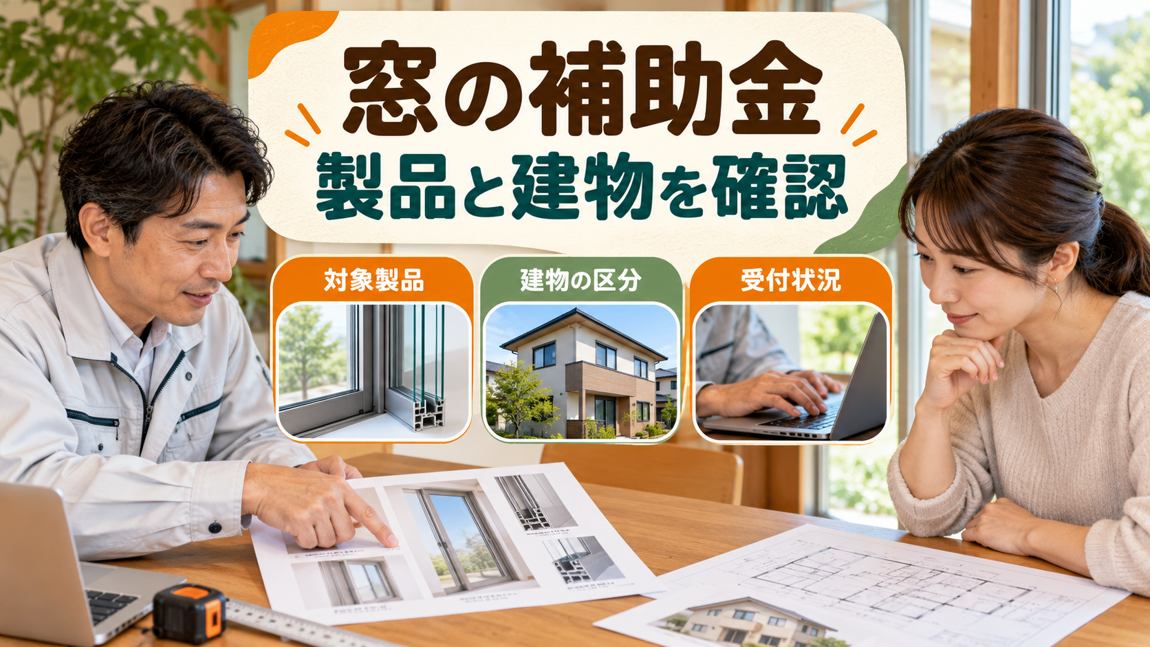 窓の補助対象製品と建物条件を登録事業者と確認するイメージ