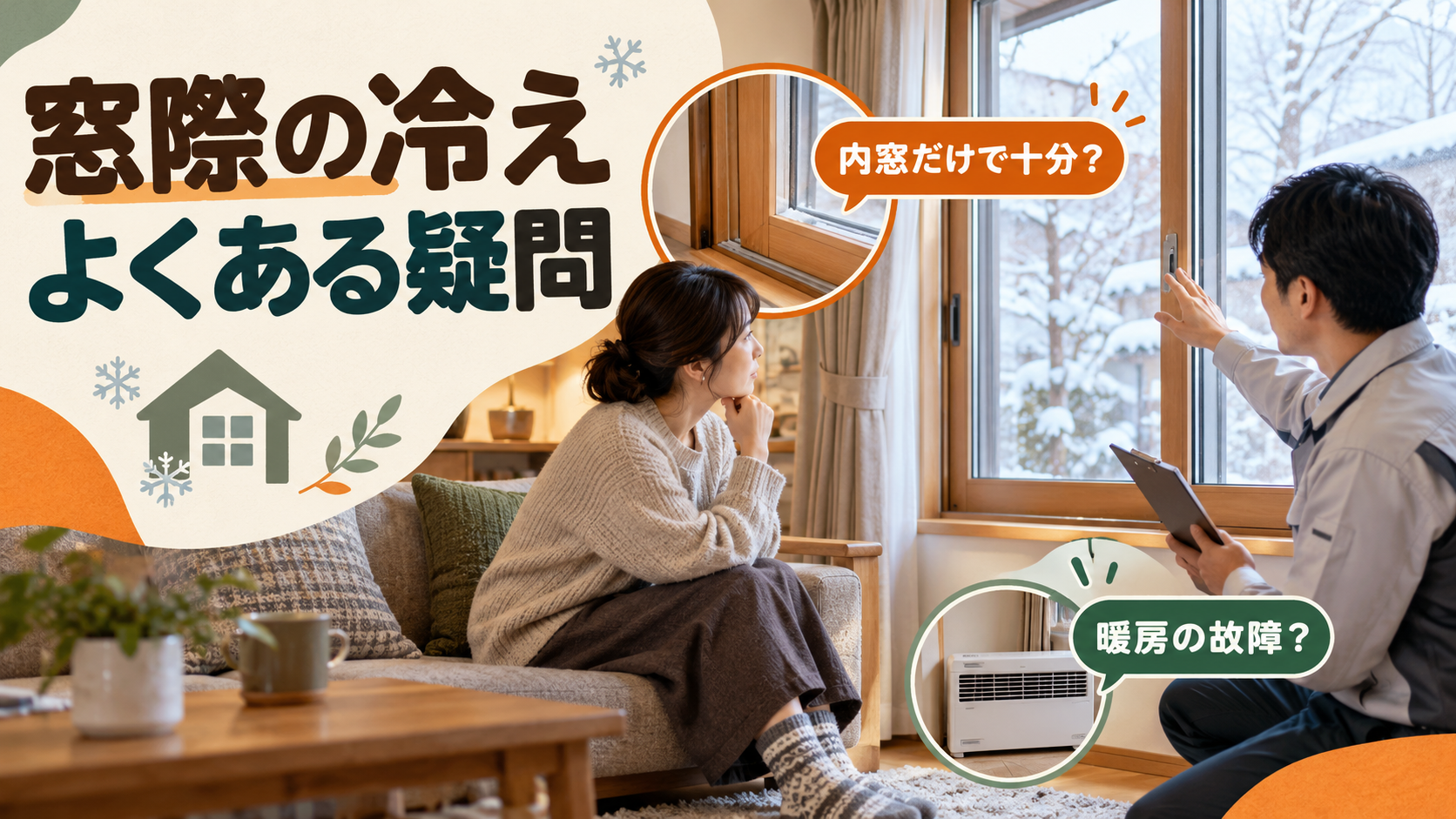 内窓と暖房中の足元の冷えについて施工スタッフに相談するイメージ