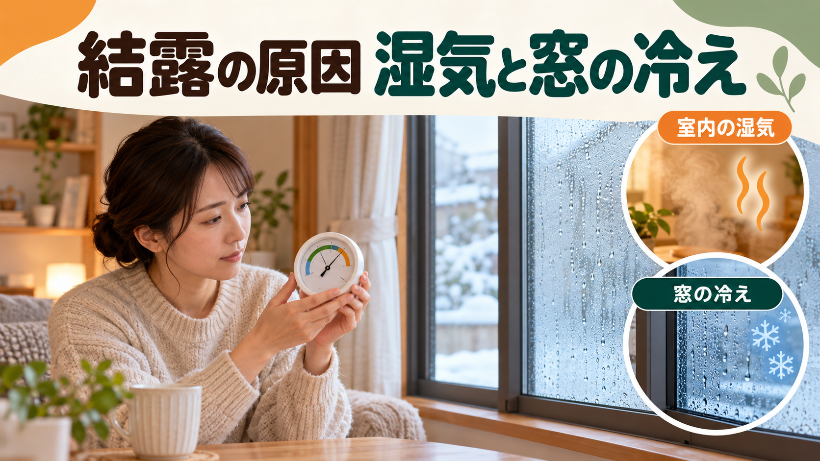 窓の冷えと室内の湿気を分けて結露の原因を確認するイメージ