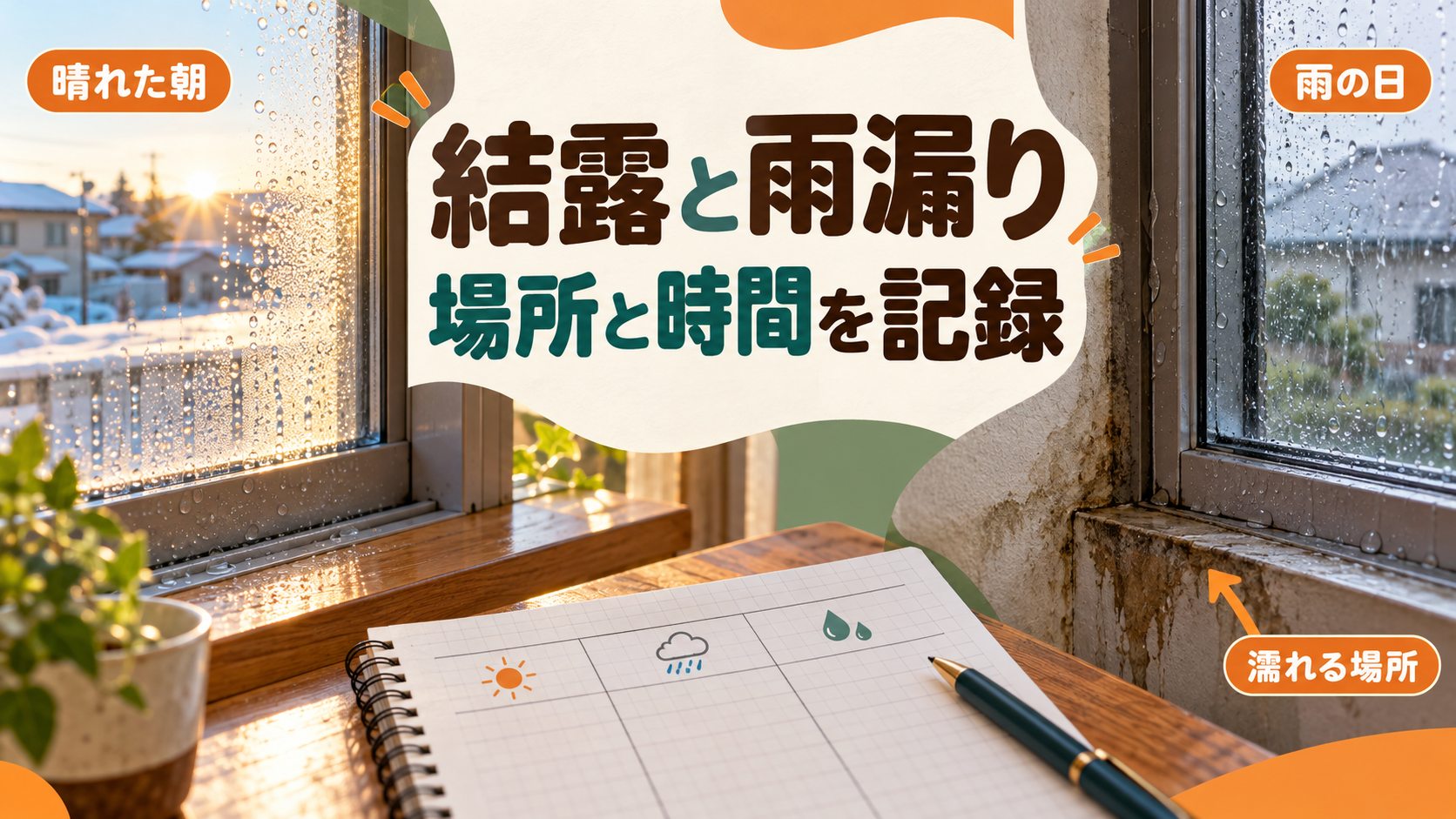 雨の日の窓枠の濡れと寒い朝の結露を記録して相談するイメージ