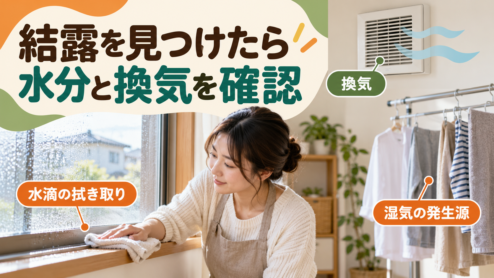 窓の下枠の水分を拭き換気設備と室内の湿気を確認するイメージ