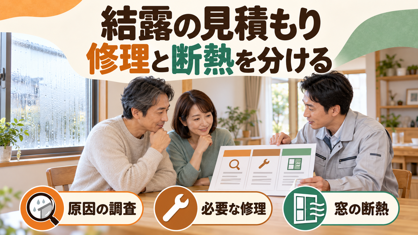結露や漏水の調査と修理、断熱工事の費用を分けて確認するイメージ