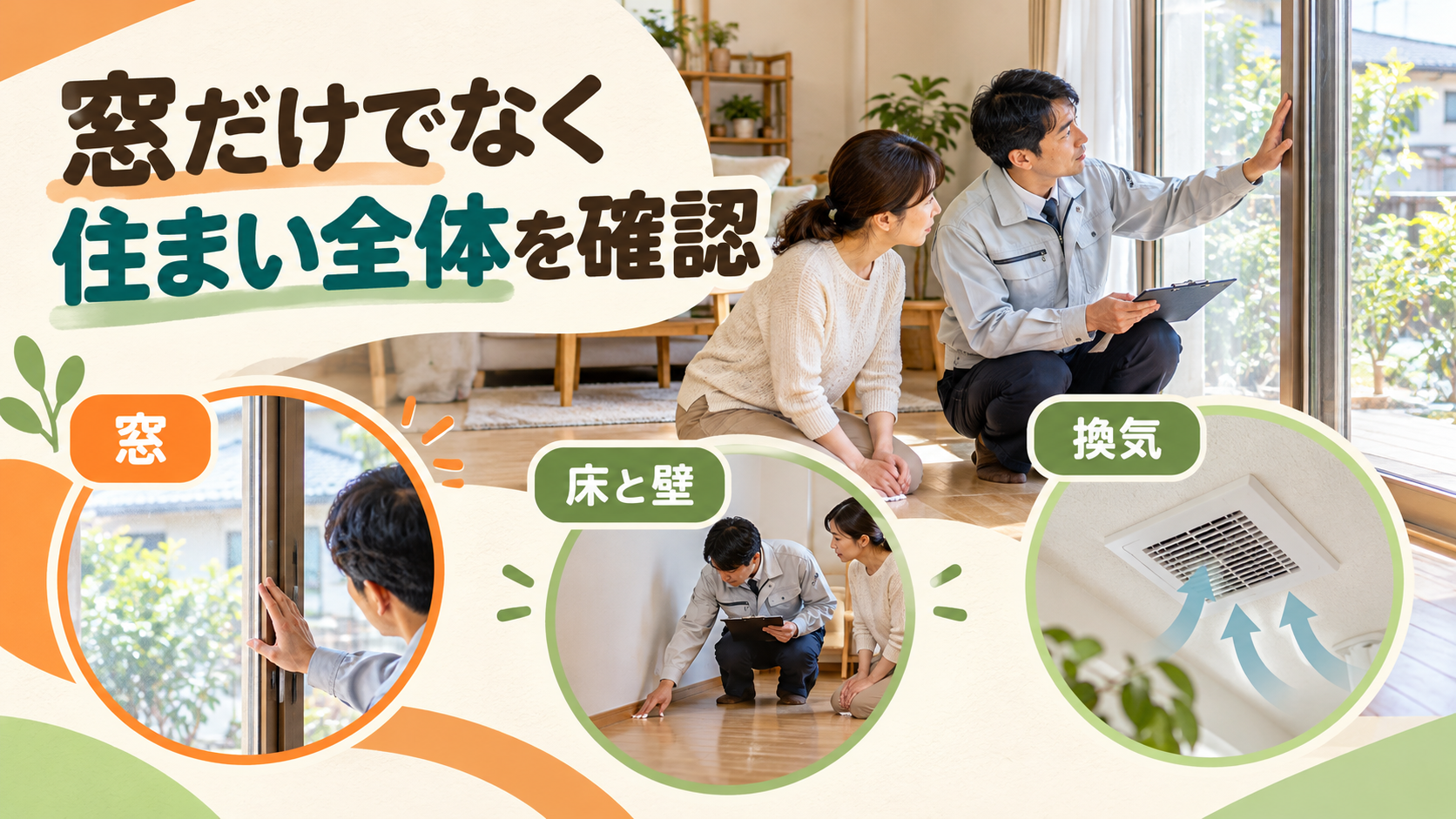 窓だけでなく床や壁、換気の状態を合わせて確認するイメージ