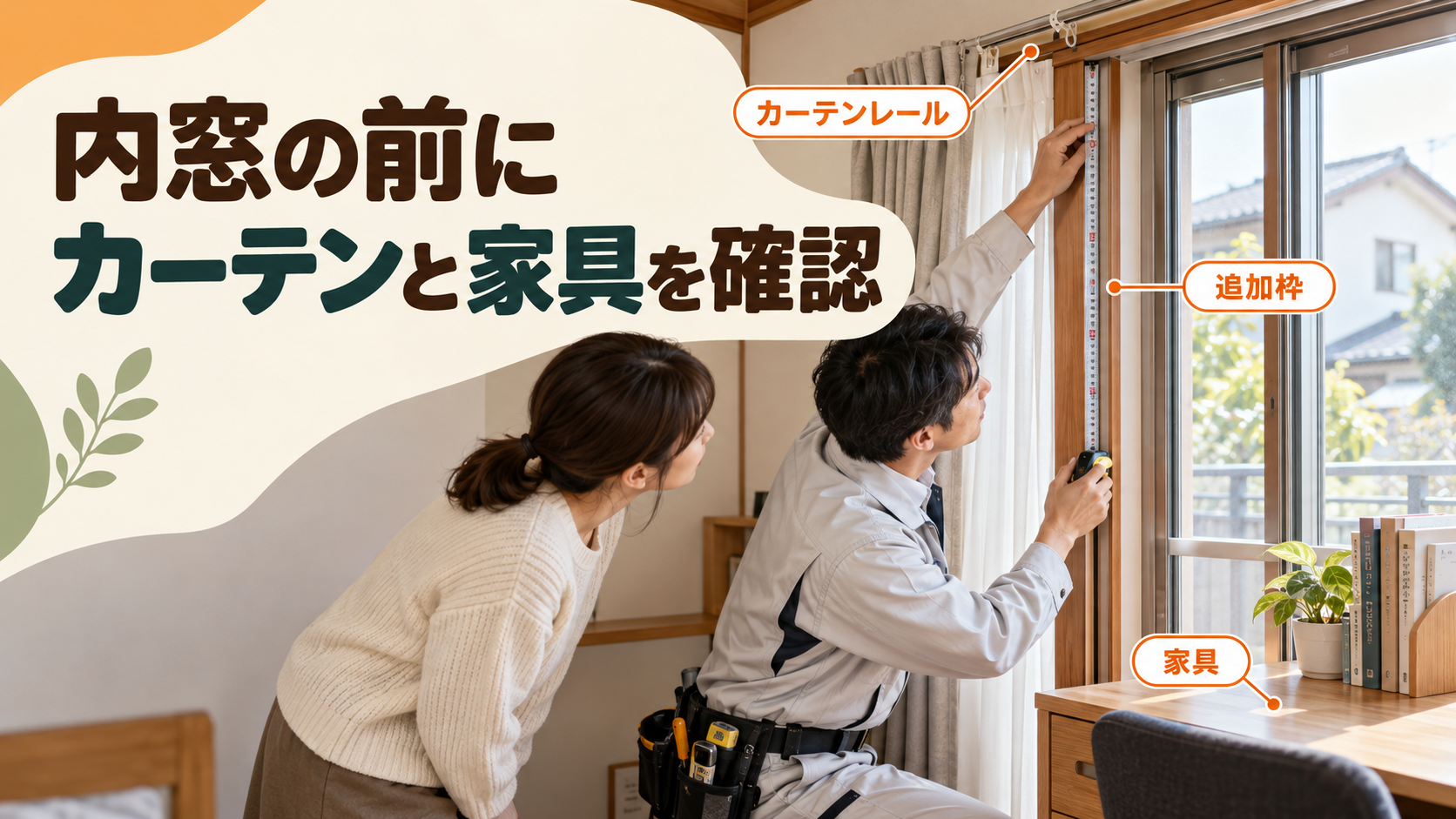 内窓の追加枠とカーテンレールや家具との干渉を確認するイメージ