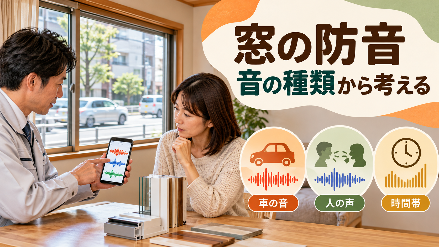 道路の音や人の声を種類と時間帯で分けて窓の防音を相談するイメージ