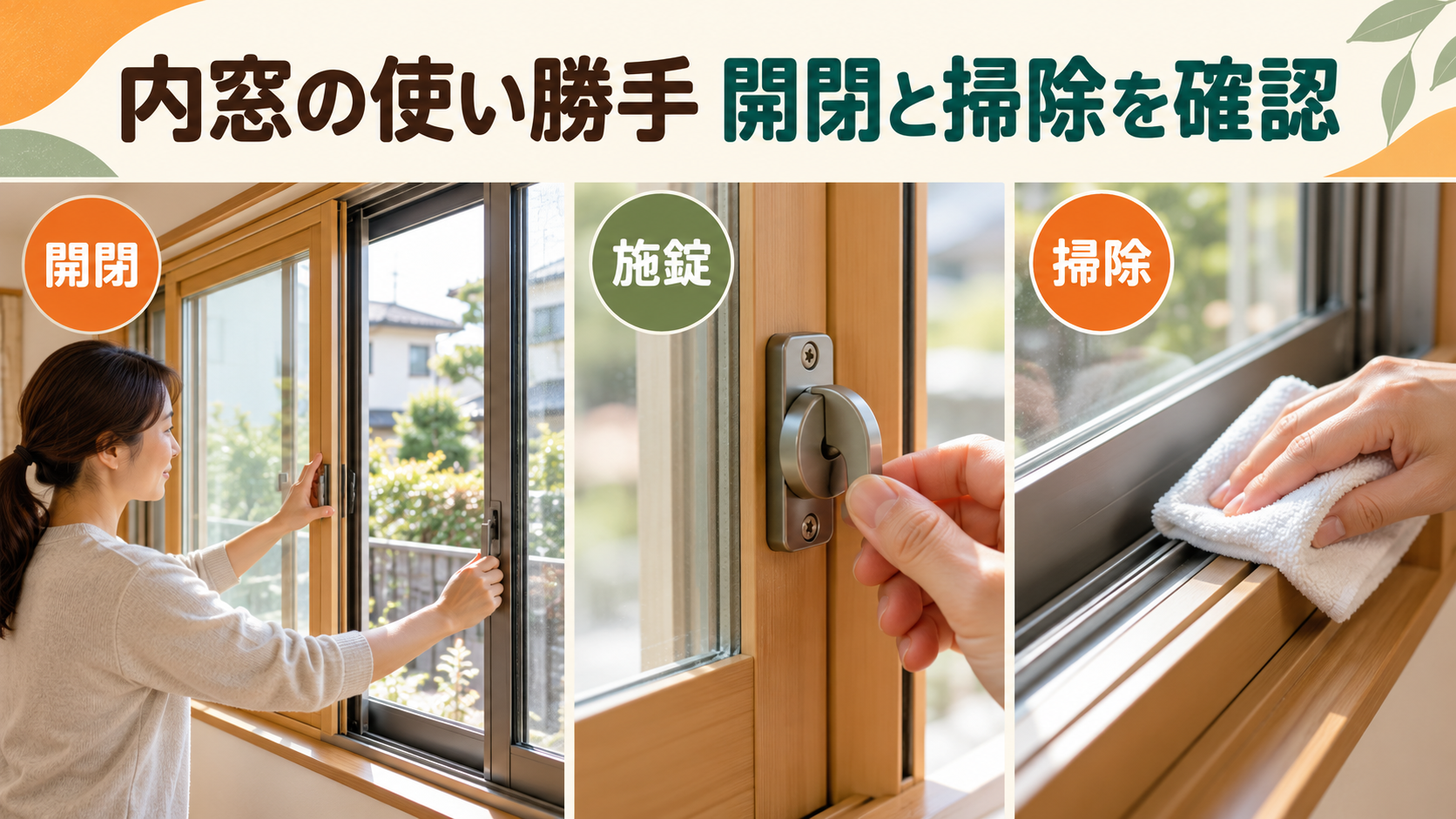 内窓と外窓の開け閉めや施錠、レールの掃除を確認するイメージ