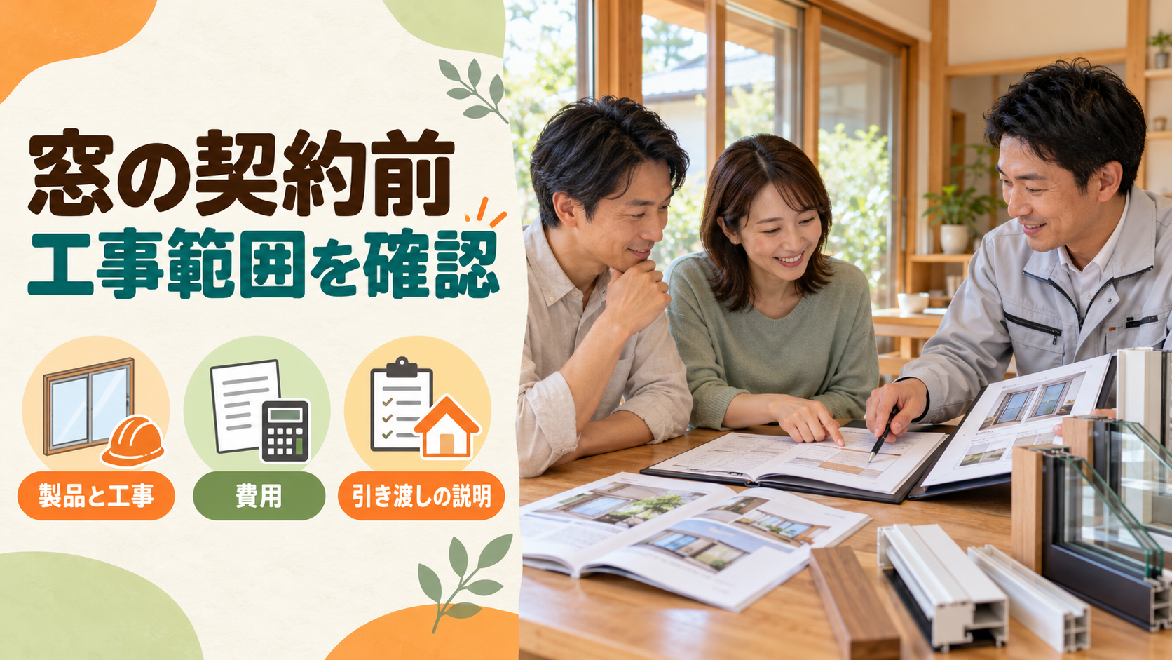窓の見積もりと引き渡し後の確認、連絡先を施工店と整理するイメージ