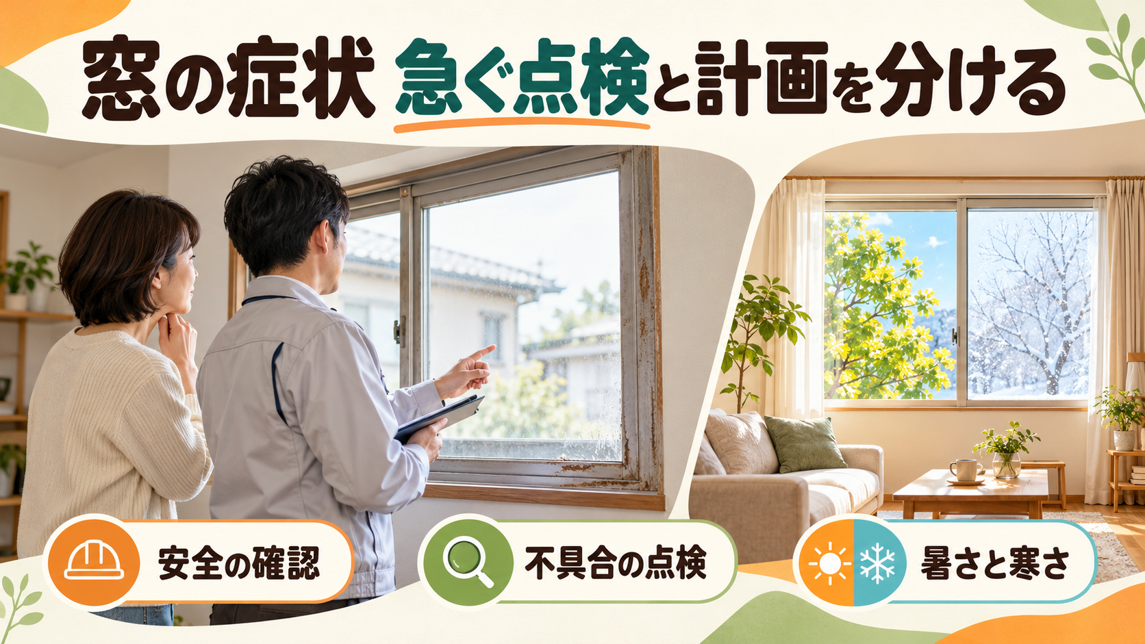 窓の破損や施錠不良と季節の冷えを分けて点検の優先度を整理するイメージ