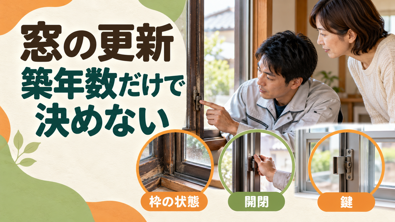 同じ築年数でも異なる窓の枠や鍵の状態を確認するイメージ