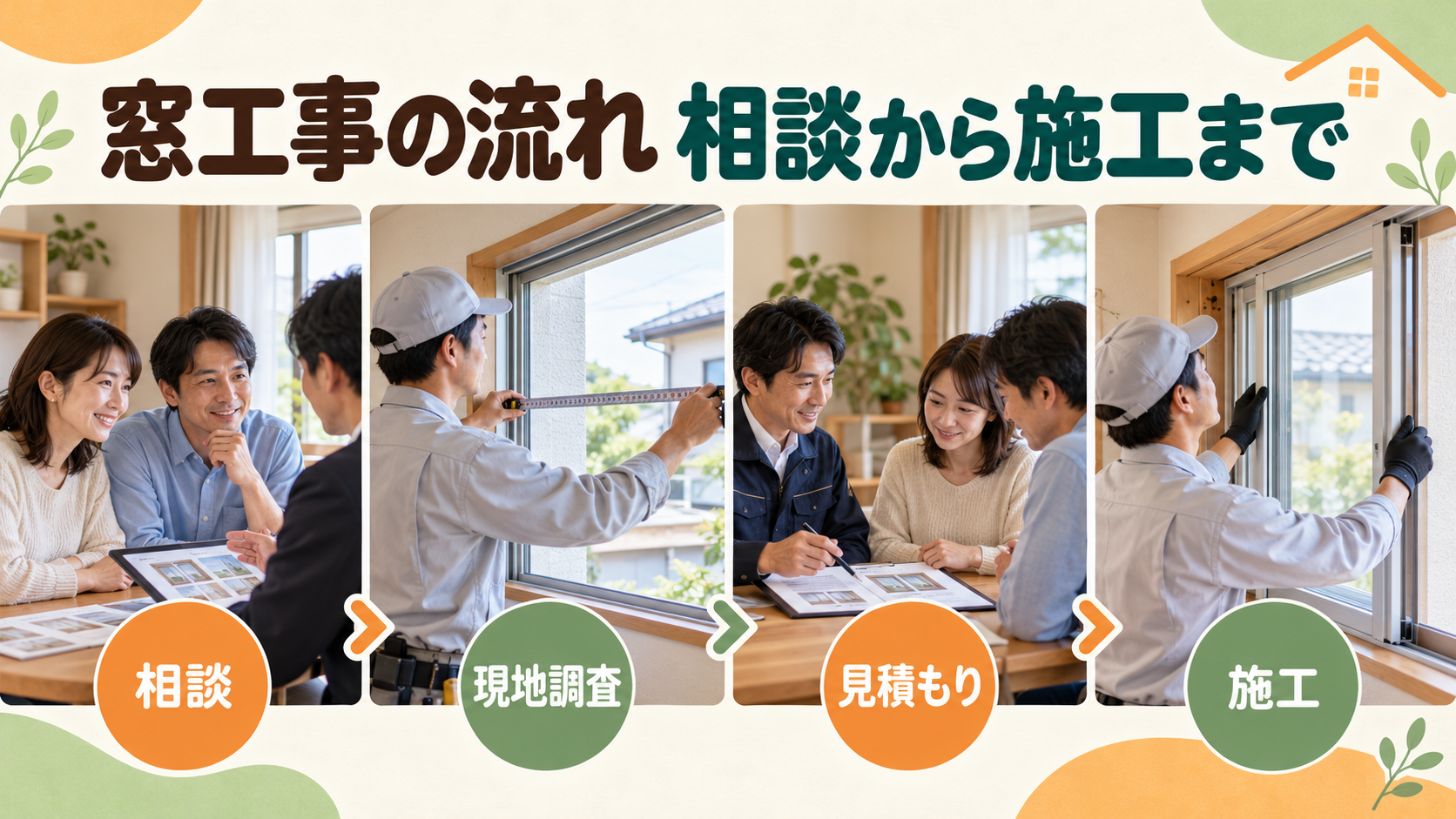 窓の現地調査から見積もり、製品手配と施工までの流れを確認するイメージ