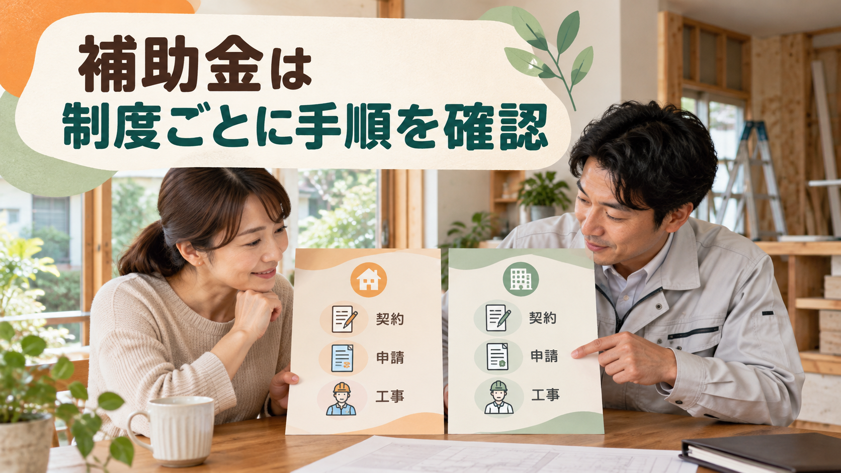 窓の補助制度ごとに契約と申請の順番を確認するイメージ