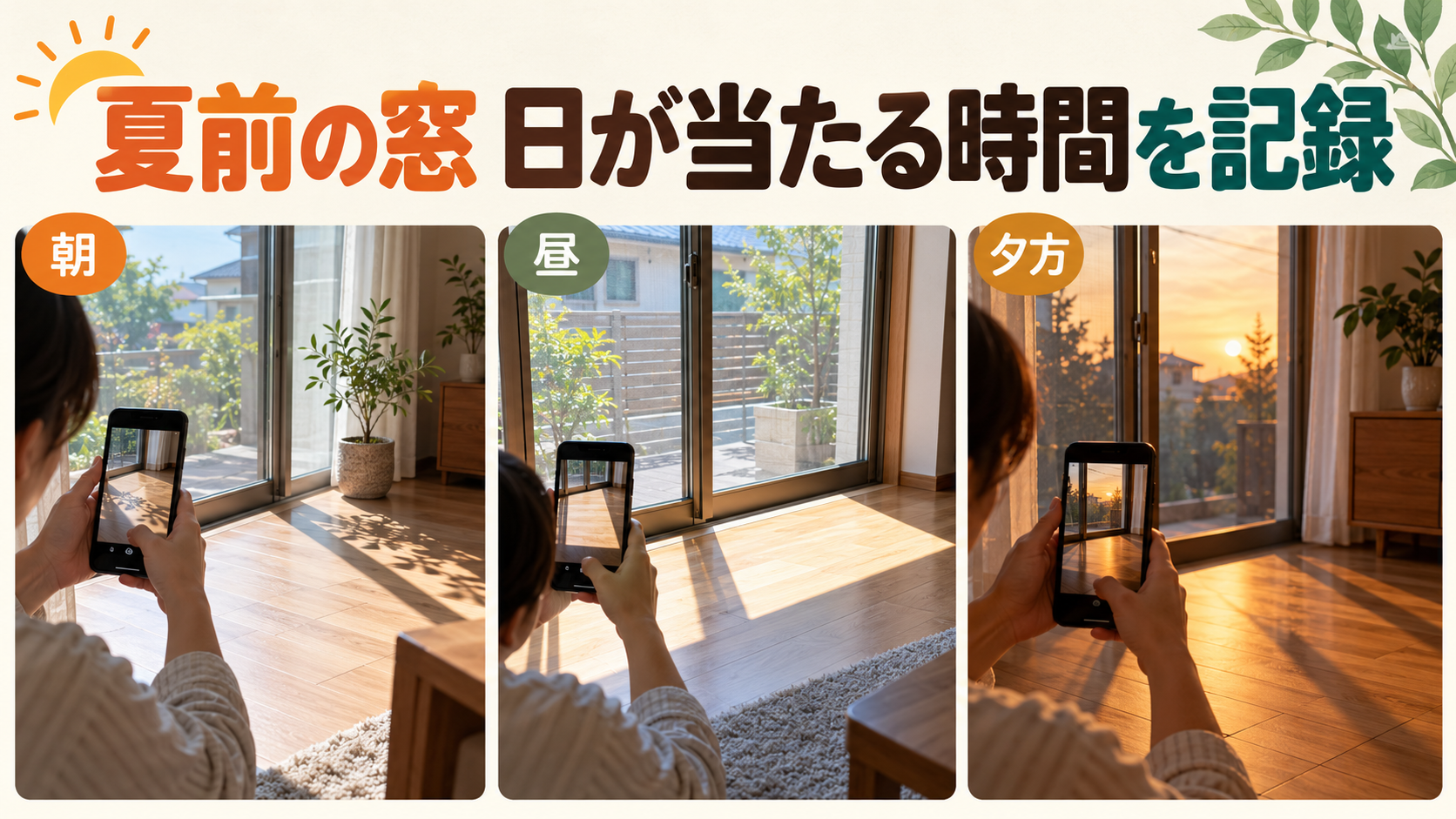春から初夏に窓へ日が当たる時間を写真とメモで記録するイメージ