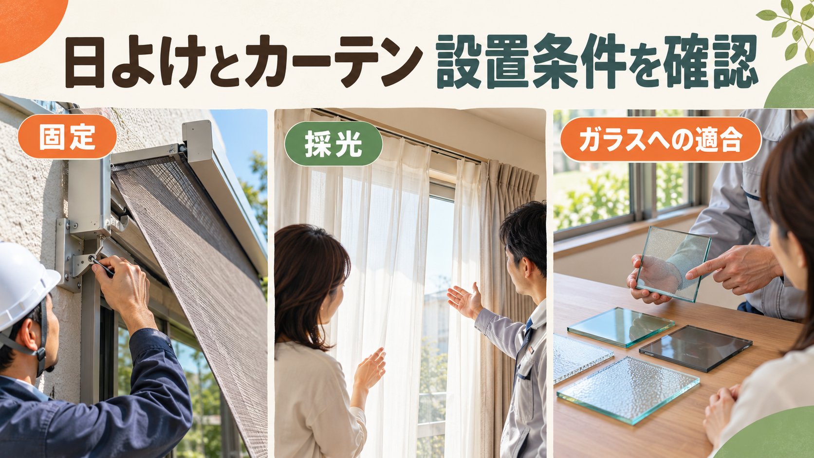 夏前に外付け日よけとカーテン、フィルムの適合を確認するイメージ