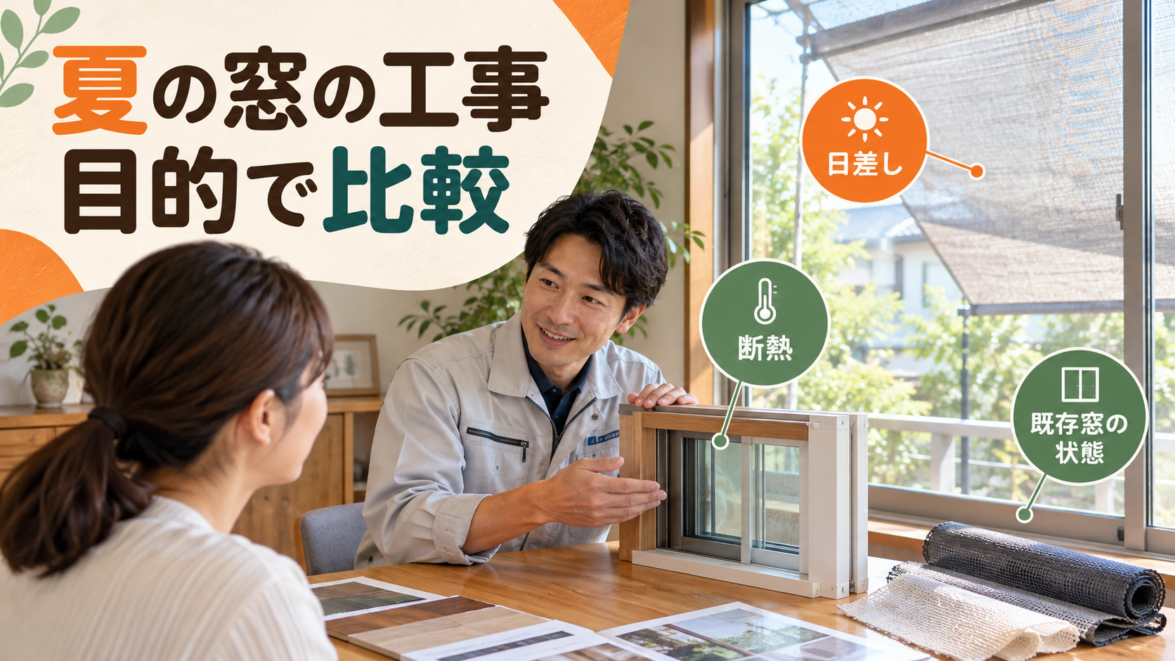 外付け日よけと内窓、ガラス仕様を窓ごとの条件で比較するイメージ