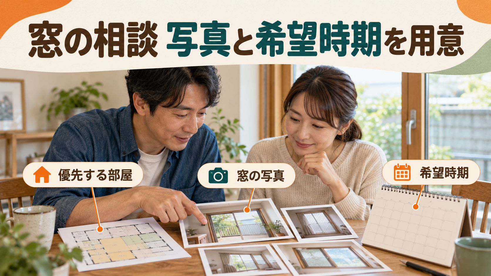 窓の写真と優先する部屋、施工希望時期を相談用に整理するイメージ