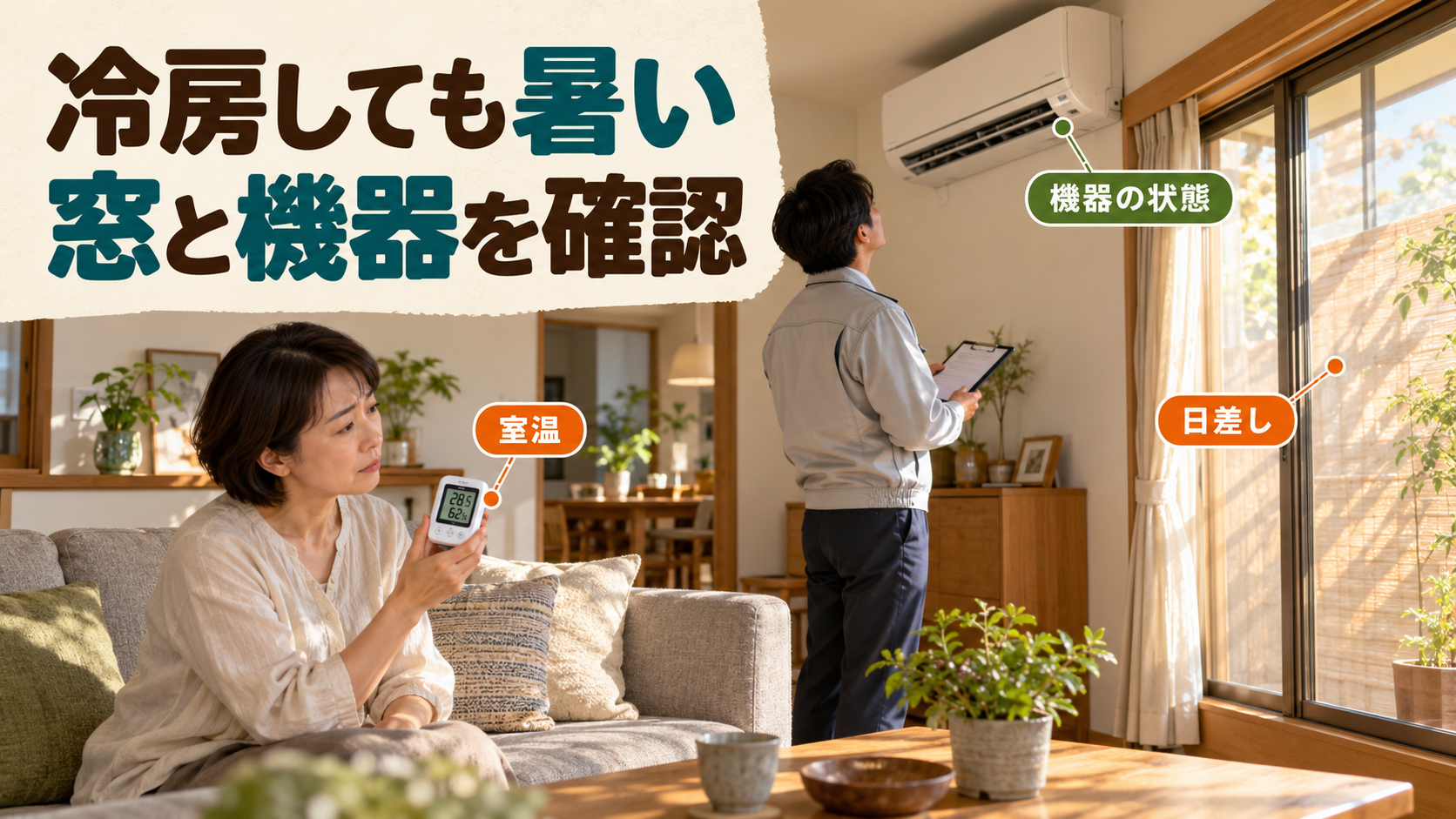 リビングの窓の日差しと冷房の状態を別々に確認するイメージ