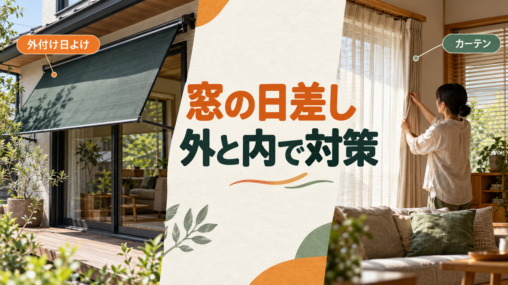 窓の外付け日よけと室内のカーテンで日差しを調整するイメージ