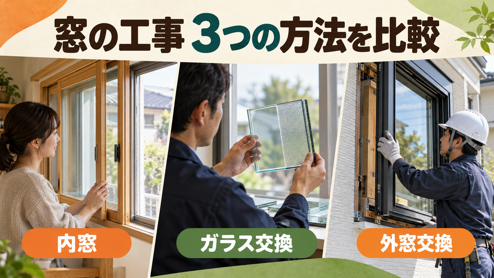 内窓とガラス交換、外窓交換の工事範囲を比較するイメージ