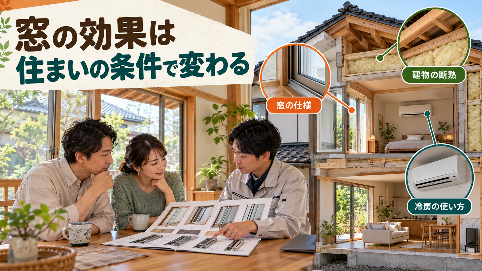 窓の仕様と住宅の断熱、冷房の使い方を合わせて比較するイメージ