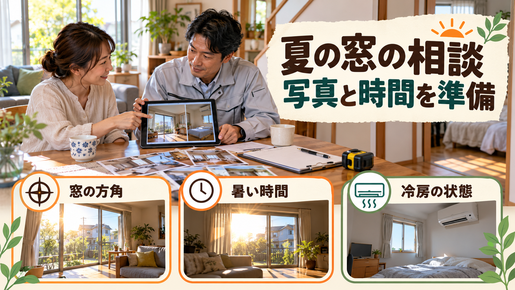 窓の方角と暑い時間、冷房の使い方を施工相談用に整理するイメージ