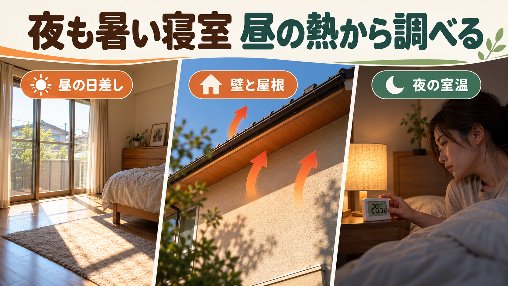 昼間の寝室の日差しと夜まで残る壁や天井の熱を確認するイメージ
