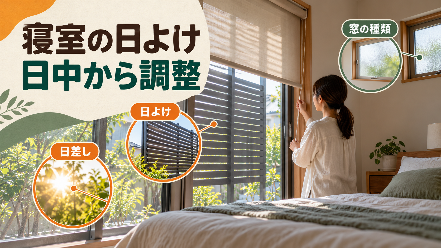 昼間の寝室の外付け日よけと開かない窓の手入れを検討するイメージ
