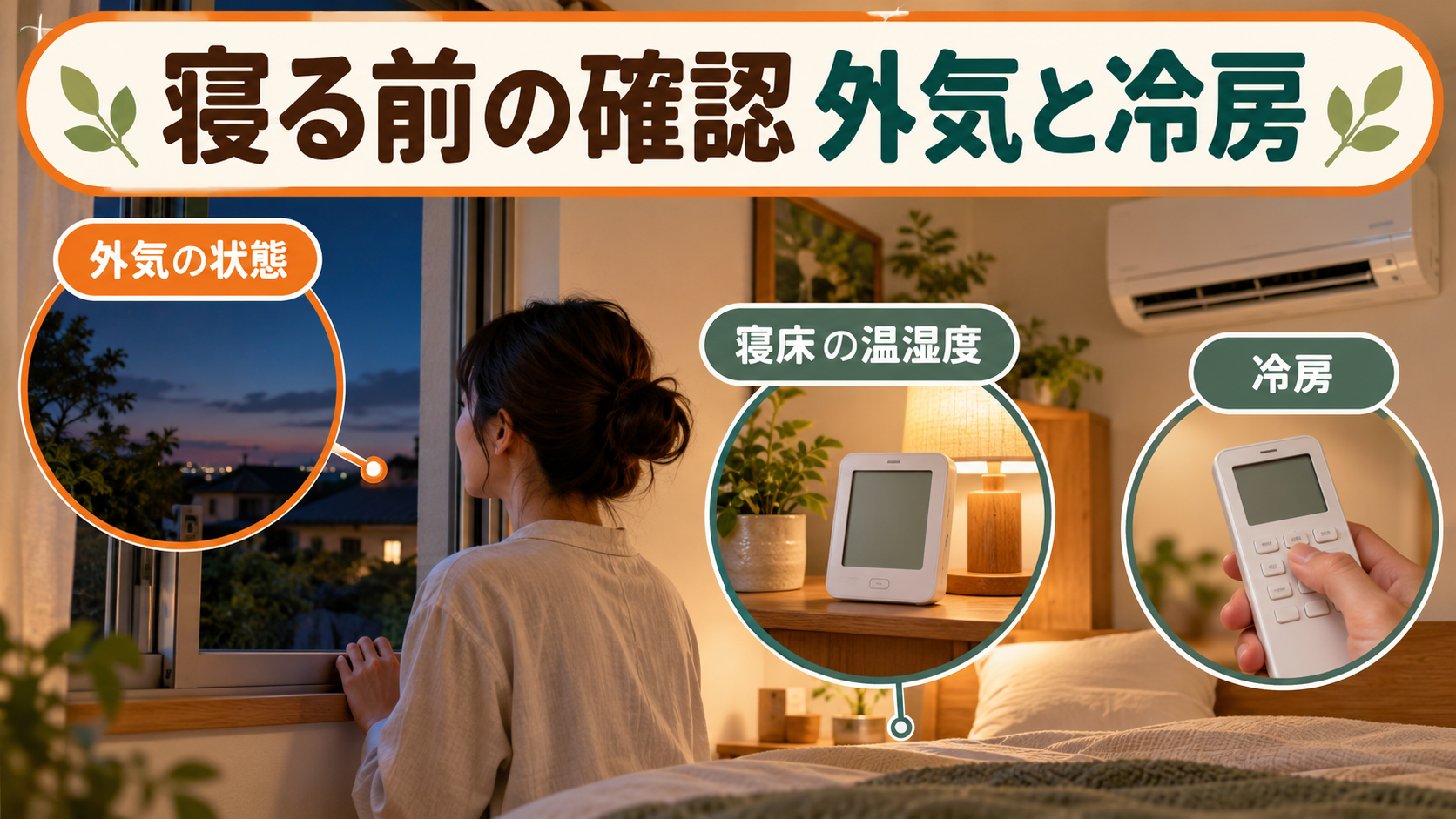 就寝前に寝床付近の温湿度と冷房の状態を確認するイメージ