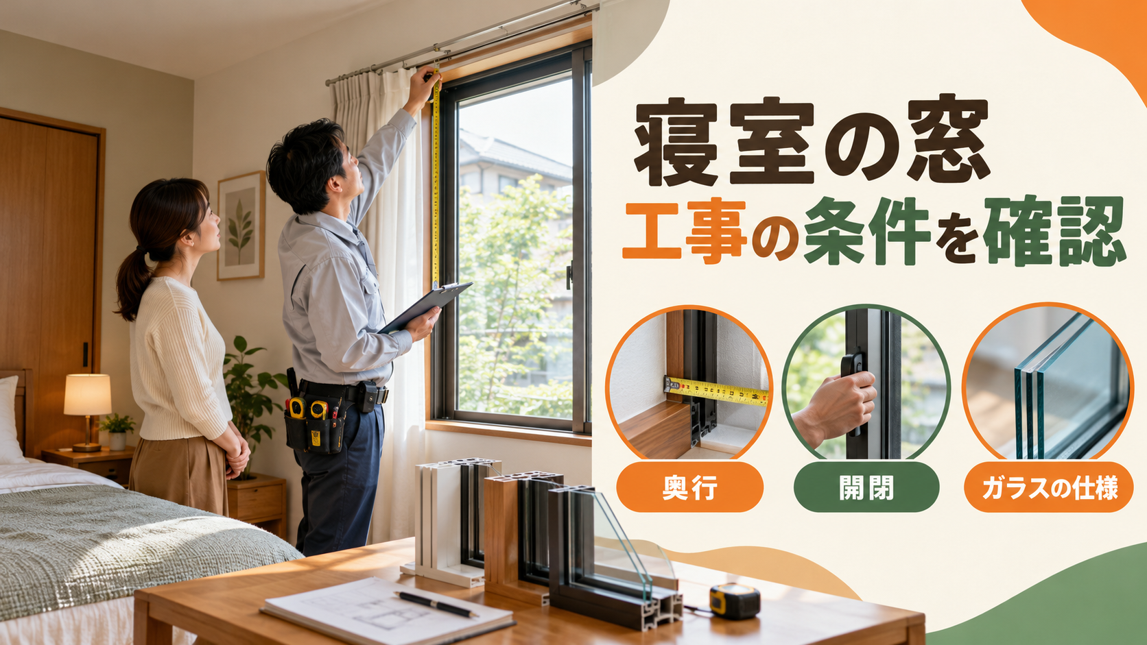 寝室の内窓とガラス交換、外窓交換を施工スタッフと比較するイメージ