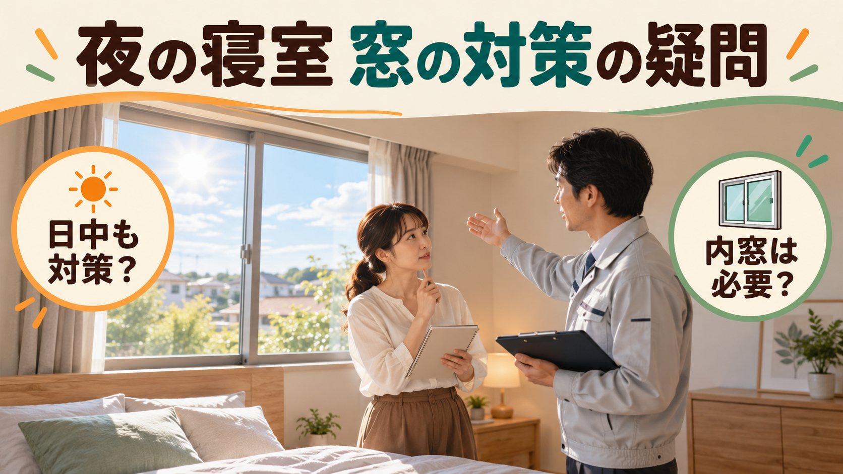 夜まで暑い寝室の窓と日中の日よけについて質問するイメージ