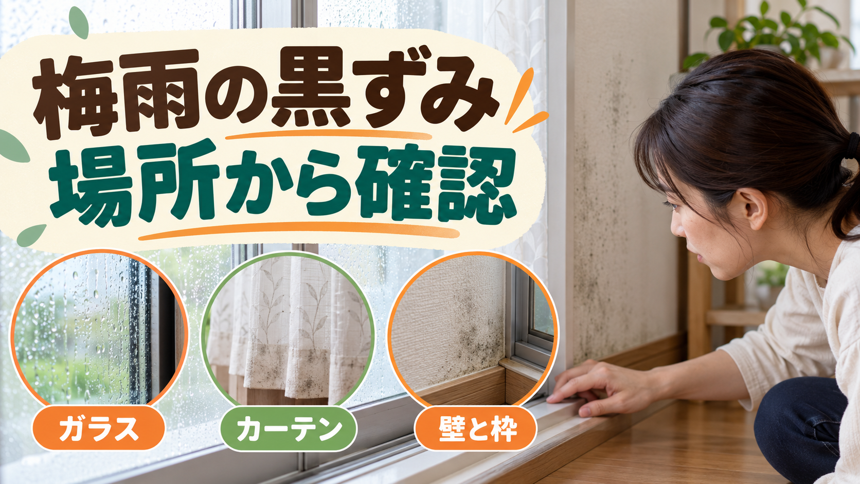 梅雨の窓ガラスとパッキン、カーテンや壁の湿りを見分けるイメージ