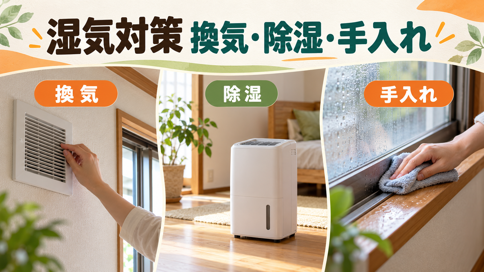 梅雨の室内で換気設備と除湿機、窓枠の手入れを確認するイメージ