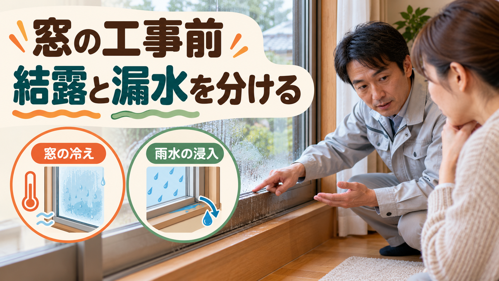 施工スタッフが窓の結露と雨水の浸入を区別して改修を検討するイメージ