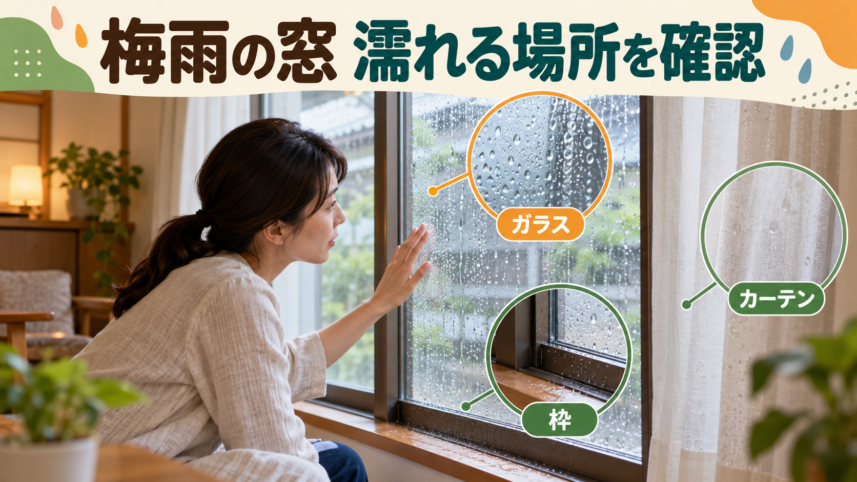 梅雨の窓ガラスと枠、カーテンの濡れ方を室内で確認するイメージ