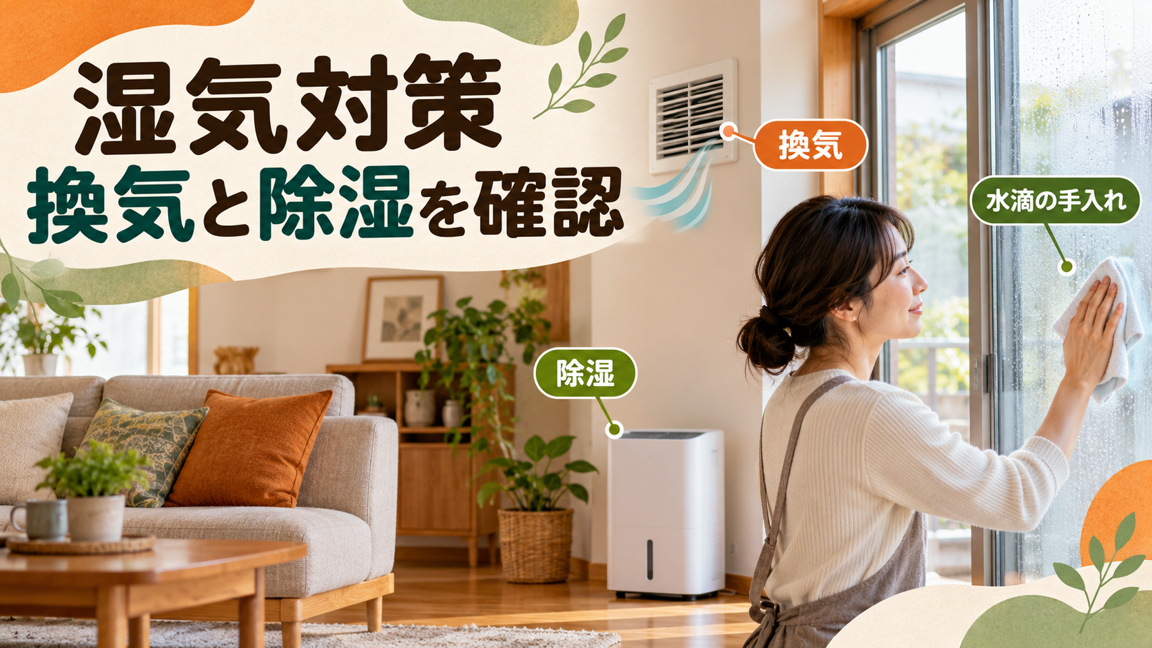 梅雨の部屋で換気設備と除湿機、窓の水滴の手入れを確認するイメージ