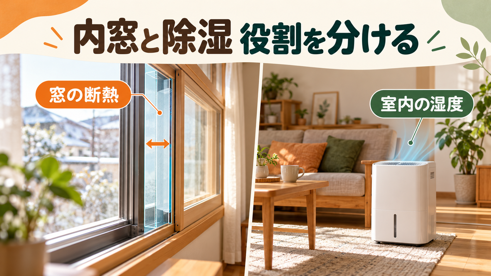 内窓の断熱の役割と室内の湿度管理を別々に考えるイメージ
